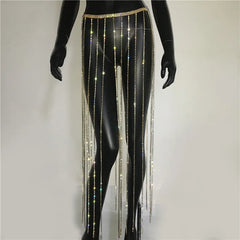 LIZAKOSHT  -  Glitter Rhinestone Long Tassel Skirts For Women Handmade Sexy Diamond Chain Summer Beach Nightclub Party Skirt Belt Accessory
