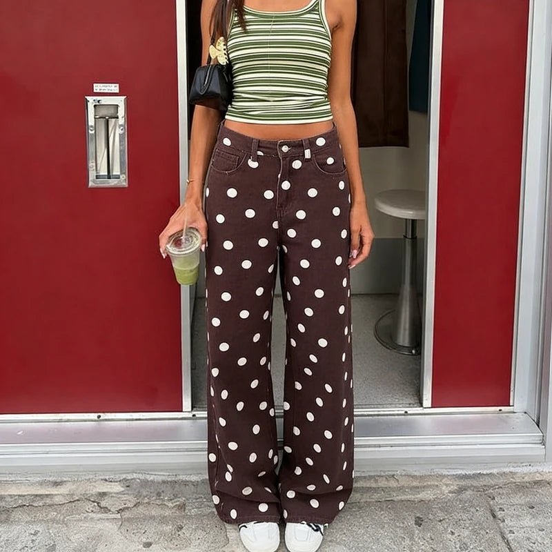 LIZAKOSHT  -  Women Polka Dot Wide Leg Jeans High Waisted Loose Fit Straight Leg Denim Pants Y2K Retro Trousers Preppy Streetwear