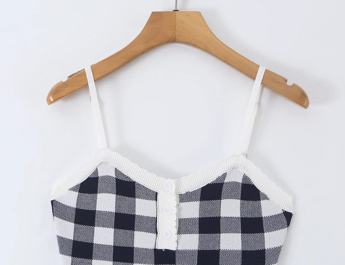 LIZAKOSHT  -  Autumn Black White Plaid Gingham Knitted Sling Dress Open Buttons V neck Package Hips Short Dresses Skinny Robe Vestidos