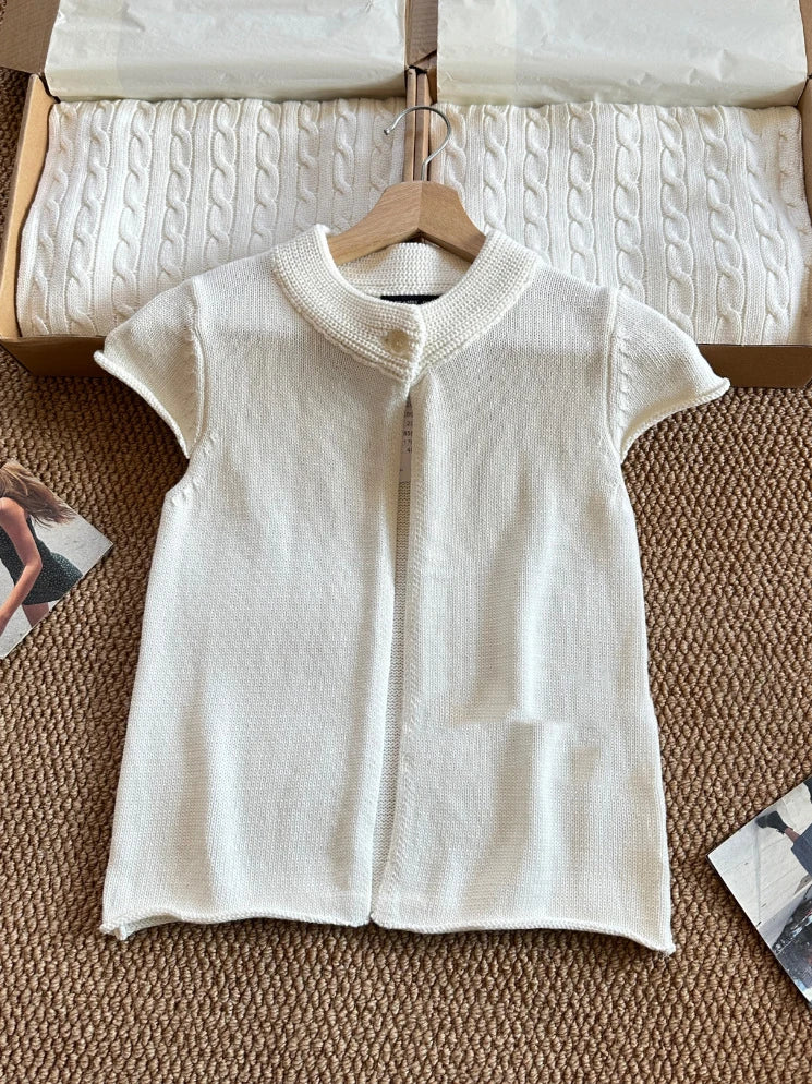 LIZAKOSHT  -   Sweet White Knitted Cardigan Women Simple Cotton Single Button Neckline Short Sleeve Sweater Vintage Preppy Style Outfit Top Y2K