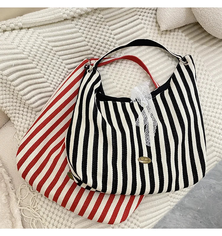 LIZAKOSHT  -  Stripe Letter Design Women's Shoulder Bag Large Capacity Ladies Thick Canvas Tote Travel Handbags Female Reusable Shopping Bags