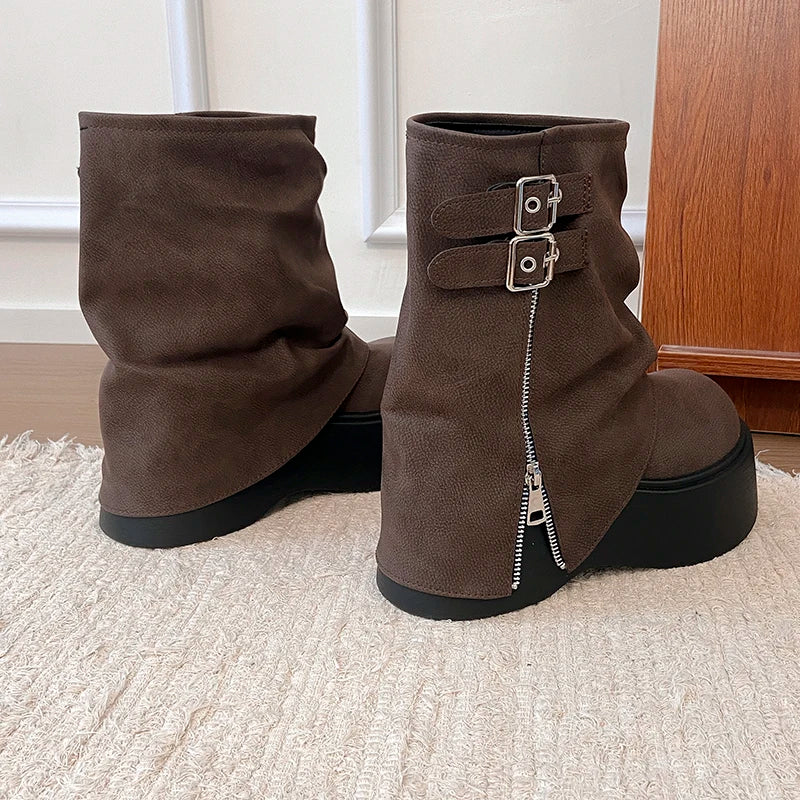 LIZAKOSHT  -  Autumn Winter Chunky Thick Sole Women Pipe Ankle Boots Designer Belt Buckle Platform Heel Shoes Modern Short Botas Para Mujer