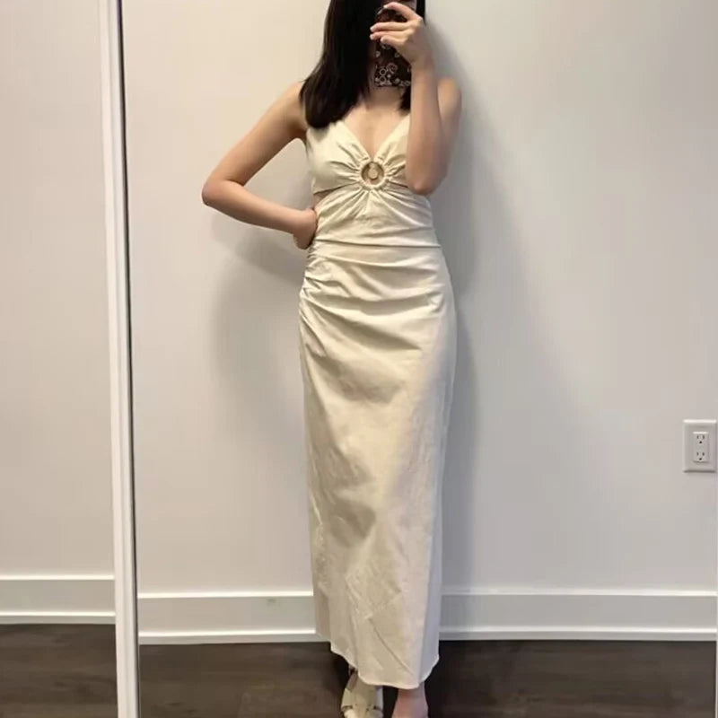LIZAKOSHT  -  Long Dress Summer Women's 2025 New Fashion Slim V-neck Sling Hollow Elegant Summer Holiday Dress Women's Street Chic Youth Dress