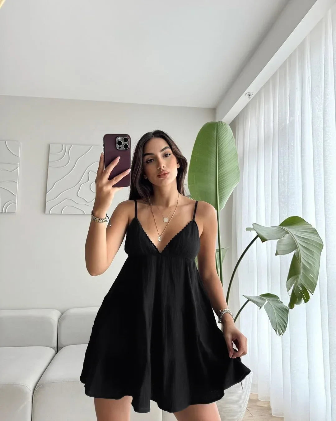 LIZAKOSHT  -  Women Sexy Sleeveless V-neck Mini Dress Chic Backless Off Shoulder High Waist Pleated Loose Dresses Lady Holiday Vestidos