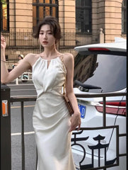 LIZAKOSHT  -  Sexy Sleeveless Satin Mermaid Long Dresses for Women New Summer French Elegant Fashion Slim Solid Tank Evening Party Robe