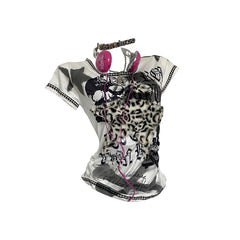 LIZAKOSHT  -  White T Shirts Women Summer Stars Leopard Print Patchwork Short Sleeve Top Y2k 2000s Sweet Cool Punk Subculture Tees