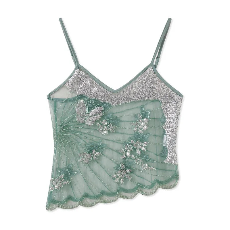 LIZAKOSHT  -  Y2K Sequin Butterfly Tops Women Sleeveless Spaghetti Strap Sheer See Through Camisole Party Clubwear Summer Date Night Outfits