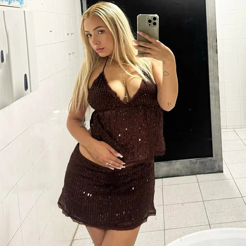 LIZAKOSHT  -  Retro Glitter Dress Sets Sexy V-neck Shiny Backless Lace-up Vest Glitter Skirt Set Fashion Party Club Women Dress Sets