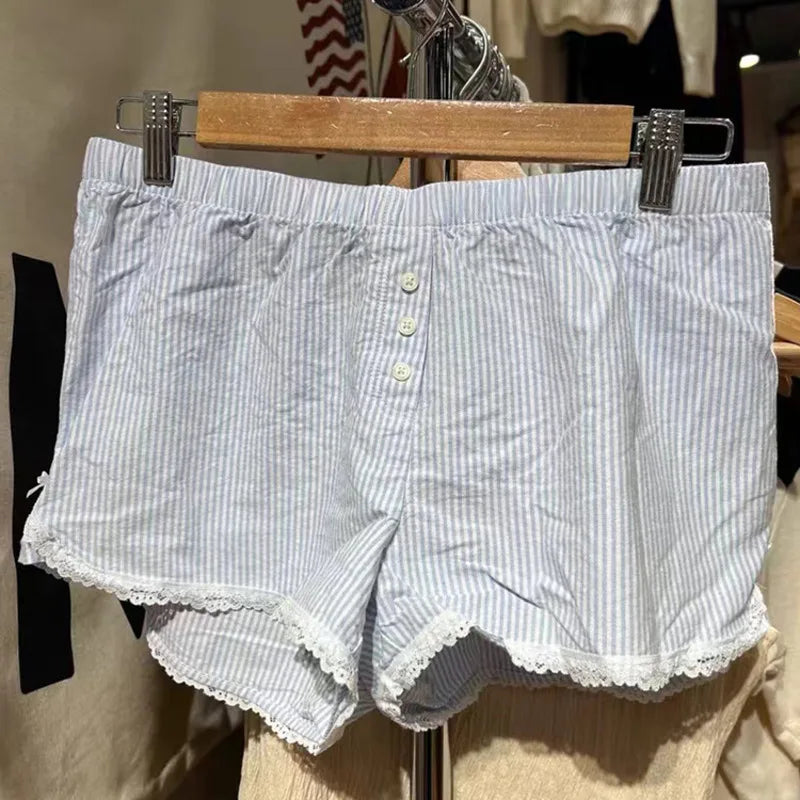 LIZAKOSHT  -  Y2k Lace Bowknot Blue Shorts Stripes Patchwork Buttons Decor Short Pants Casual Elastic Waist Shorts Loose Sleep Short For Women