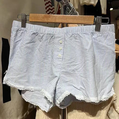 LIZAKOSHT  -  Y2k Lace Bowknot Blue Shorts Stripes Patchwork Buttons Decor Short Pants Casual Elastic Waist Shorts Loose Sleep Short For Women