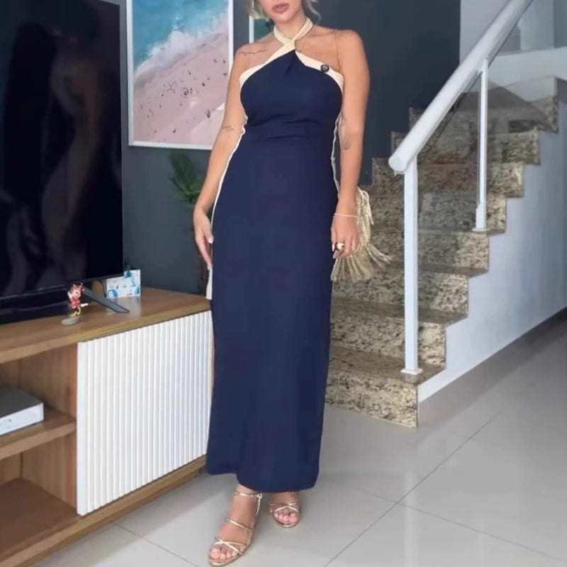 LIZAKOSHT  -  Women Fashion Cotton Linen Split Long Dress Elegant Sleeveless Backless Solid Party Dresses Sexy Cross Halter Temperament Dress