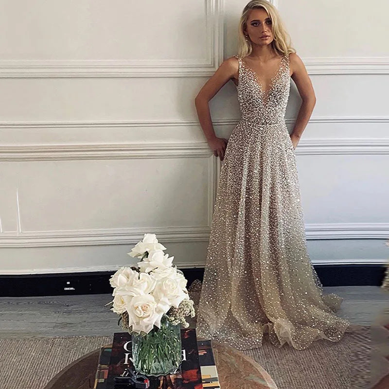 LIZAKOSHT  -  Evening Gown Floor Length Dr Sparkling Long Skirt V Ne mid Waist Polyester Fiber Spring Season Princ Sle