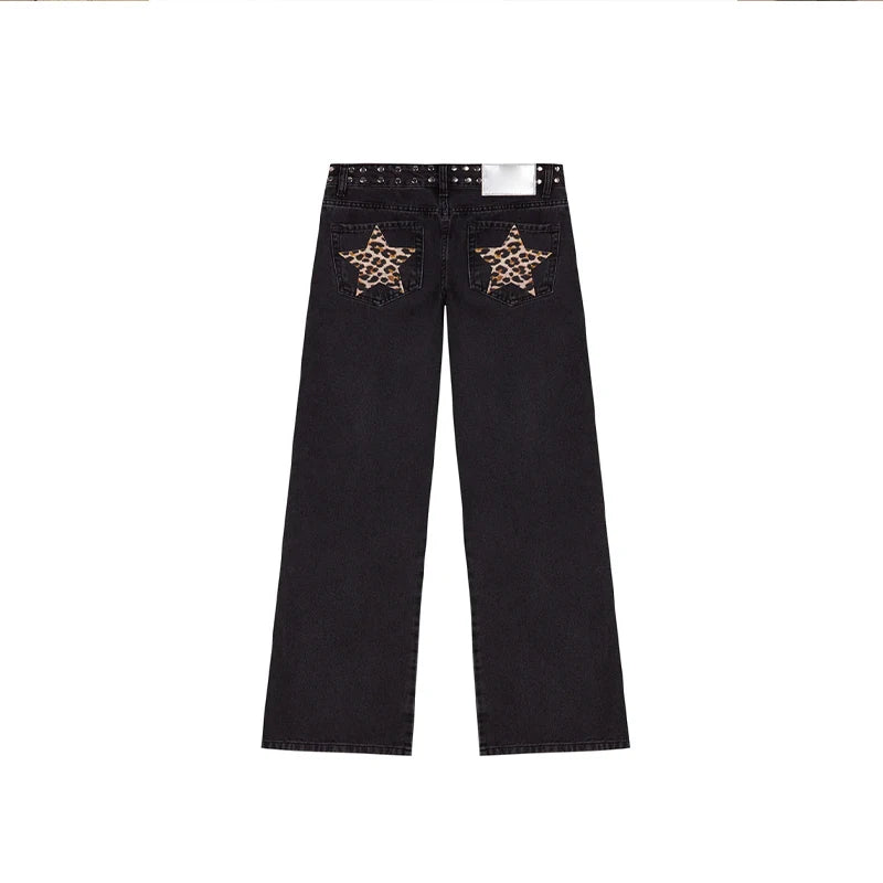 LIZAKOSHT  -  Chic Diamonds Leopard Pentagram Pants For Women Straight-leg Ankle-length Pocket Jeans 2025 Spring Summer Female Casual Trousers