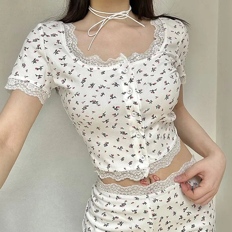 LIZAKOSHT  -  Suits Printed Tracksuits Women Sleepwear Regular Casual O-Neck Slim Skinny Fashion Sexy 2 Pieces Suit Sets (Tops+ Shorts)