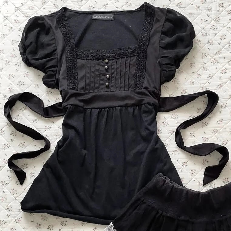 LIZAKOSHT  -  Gentle Sexy Dark Subculture 2000s T Shirts Summer Gothic Harajuku Aesthetic Short sleeve Femme Slim Girdling Waist Lace T Shirts