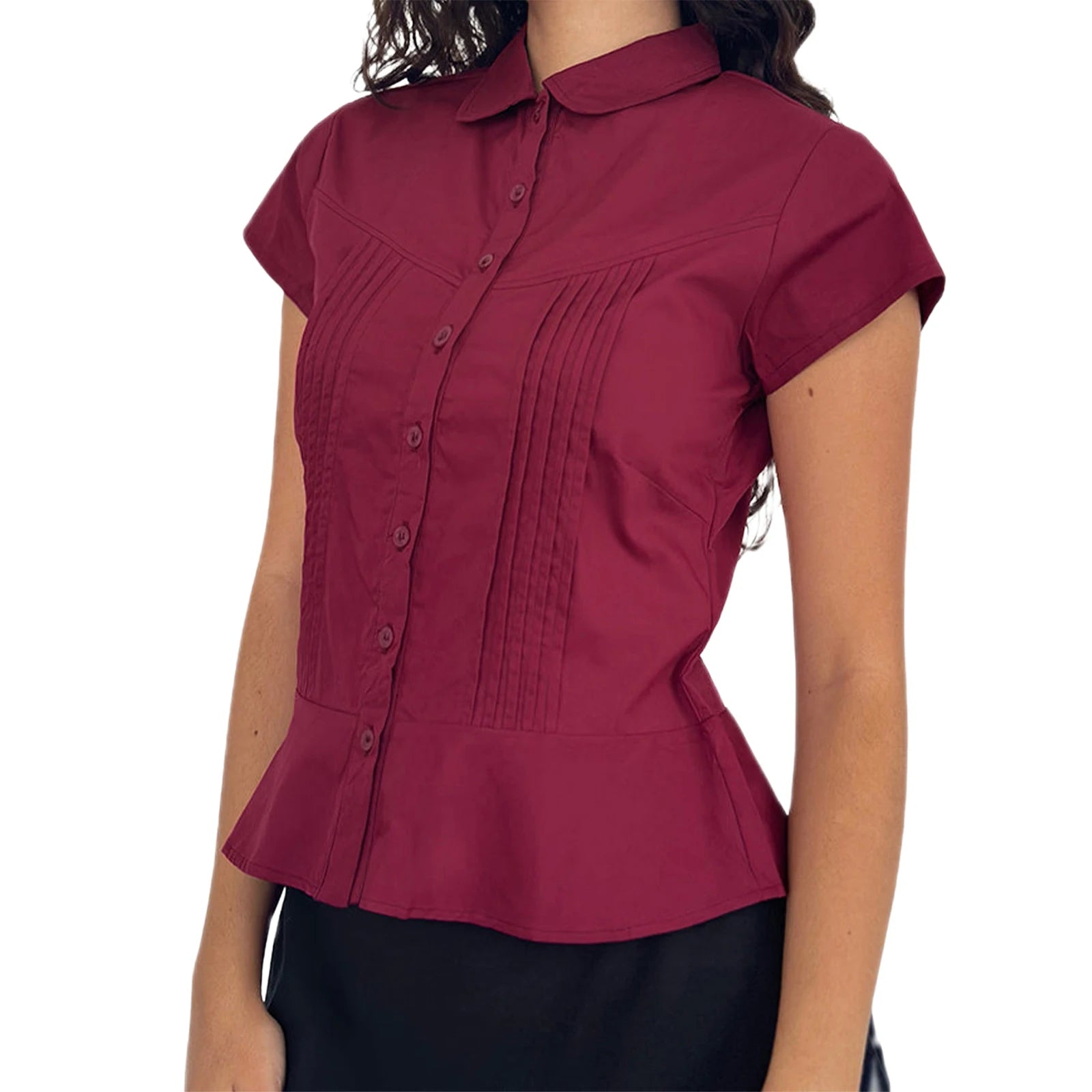 LIZAKOSHT  -  Women's Summer Shirt Solid Color Short Sleeve Lapel Button Down Pleated Slim Fit Tops