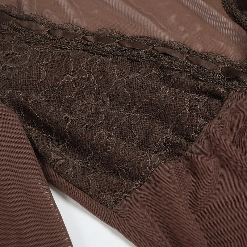 LIZAKOSHT  -  Y2K Lace Patchwork Mesh Long Sleeve Cardigan Tie Up Sexy Brown See Through Smock Top Vintage Stylish Streetwear 90s