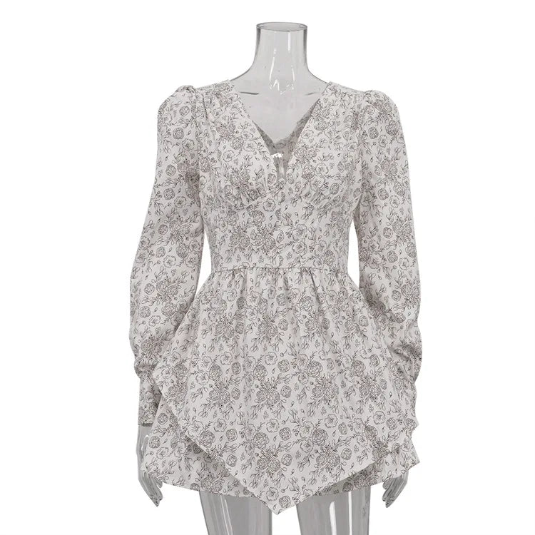 LIZAKOSHT  -  V Neck Print Ruffle Dress For Women High Waist Slim Patchwork Long Sleeve Short Dresses Party Sexy Bodycon Elegant Dress