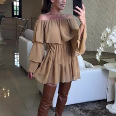 LIZAKOSHT  -  Autumn Retro Long Flare Sleeve A-line Dress Women 2024 One Shoulder Ruffles Patchwork Mini Dress All Match Elastic Party Dress