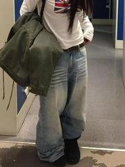 LIZAKOSHT  -  Spring Women American Vintage Washed Distressed Faded Jeans Streetwear Straight Loose Slim Fit Wide Leg Draping Denim Pants