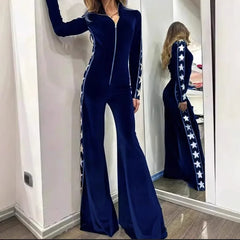 LIZAKOSHT  -  Fashion Velvet Splicing Print Long Sleeve Wide Leg Jumpsuit