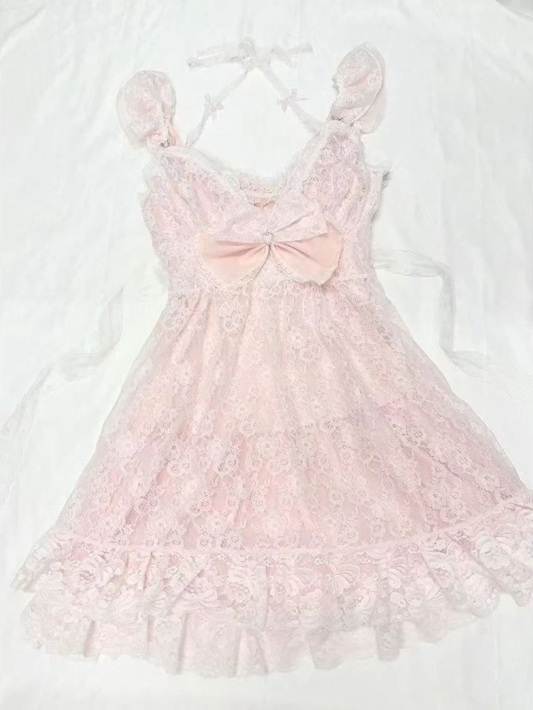 LIZAKOSHT  -  Summer Sweet New Pink Bow Dress Suit Women's Fashion Kawaii Cute Lace Overclothes France Designer Slim A-line Sling Dresses