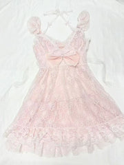 LIZAKOSHT  -  Summer Sweet New Pink Bow Dress Suit Women's Fashion Kawaii Cute Lace Overclothes France Designer Slim A-line Sling Dresses