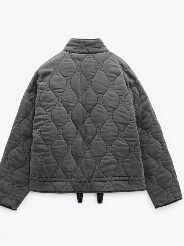 LIZAKOSHT Solid Drawstring Cotton Coat For Women Fashion Long Sleeve Zipper Pocket Jacket Autumn Winter New Female Warm Outerwear