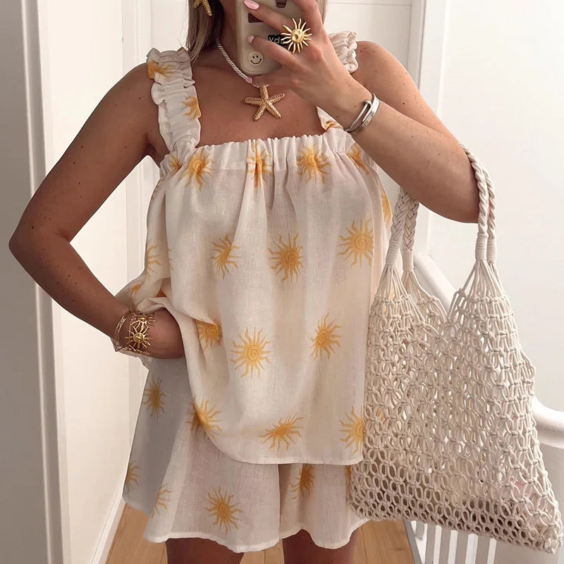 LIZAKOSHT  -  Spring Print Two Piece Set Women Sexy Square Collar Backless Tie-up Top+Short Outfit Summer Sleeveless Hollow Holiday Beach Suit