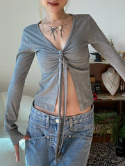 LIZAKOSHT  -  Knot Long Sleeve T-shirt Autumn Sexy V-neck Slim Tee Shirts Female Casual Simple Solid All-match Woman's Tshirts New Chic Tops