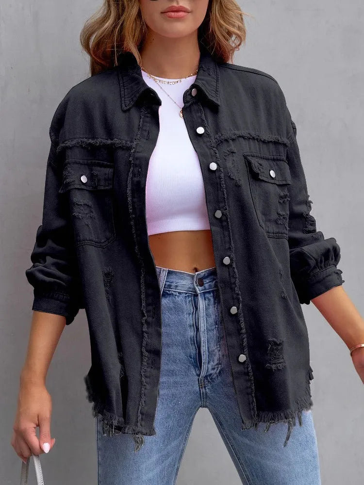 LIZAKOSHT  -  Women's Plain Button Front Ripped Drop Shoulder Mean Girls Coat without Cami Top, Summer Outfits 2024, Casual Basic Minimalist Longsleeves Shirt Collar Outerwear for Spring & Fall, Lady Clothes for Daily Wear, Womenswear