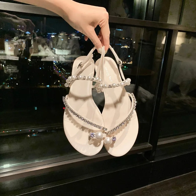 LIZAKOSHT  -  new summer crystal band flat sandals women/girl's clip toe pearl rivets gladiator sandalias mujer jandal summer shoes woman