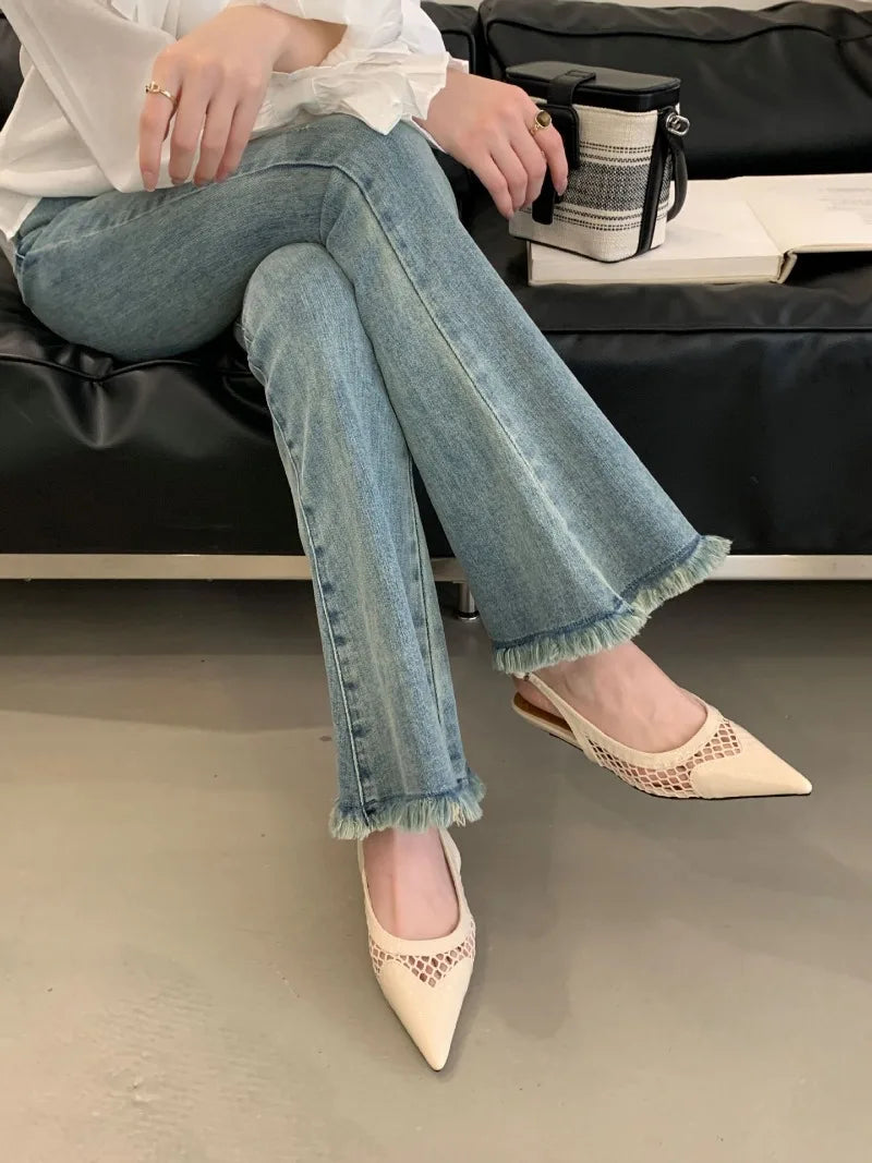 LIZAKOSHT  -  Mesh Low Heeled Sandals Sexy Pointed Toe Elegant Mule Shoes Summer Fashion Party Dress Shoes Pumps for Ladies  Designer Sandals