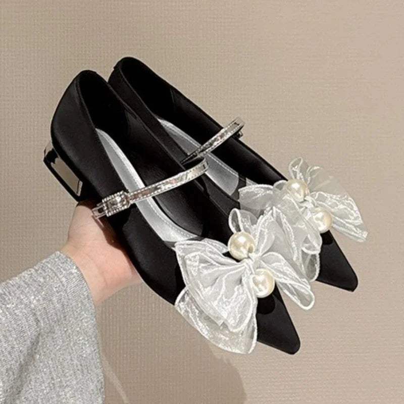 LIZAKOSHT  -  Bowknot Elegant Low Heel Mary Jane Shoes Women Buckle Shallow Fashion Dress Shoes Female Autumn Pointed Toe Pumps Women Shoes