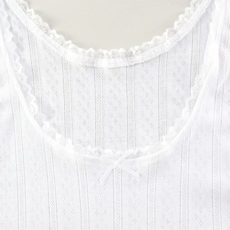 LIZAKOSHT  -  Leisure Sexy Summer 2Pcs Home Set Bowknot Lace Trim Strap U Neck Tank Tops+Slim Shorts Solid Color Sweet Comfort Loungewear