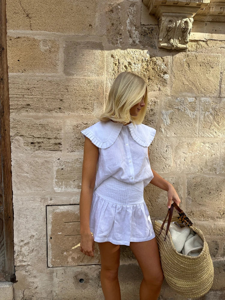 LIZAKOSHT  -  Chic Lien Ruffle Collar Shirt Shorts Set Women Elegant White Sleeveless Shirts High Waist Pleated Skirt 3Piece Sets Lady Holiday