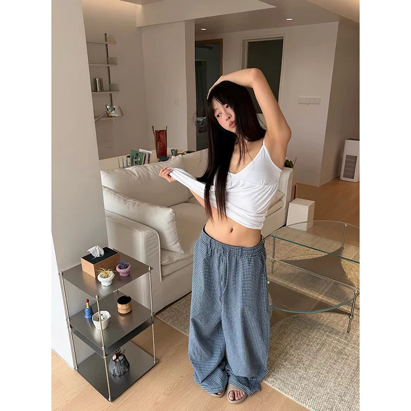 LIZAKOSHT  -  Women Blue Baggy Wide Leg Sweatpants Oversize Plaid Pants Harajuku 2000s American Style Vintage Y2k Trouser Summer