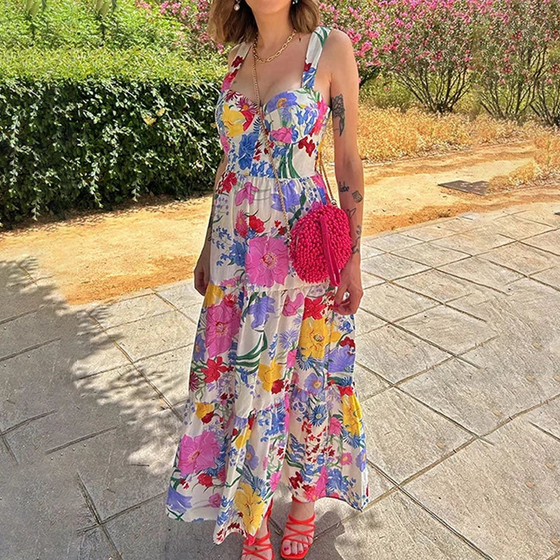LIZAKOSHT  -  Elegant Floral Print Strap A-line Dress Summer Chic Waist Suspender Beach Dress Women New Tube Tops Sleeveless Long Dress