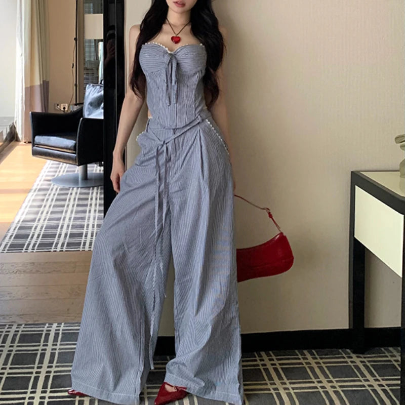 LIZAKOSHT  -  Summer New Korean Lace-up Pleated Sexy Slim Camisole Women + Contrast Color Striped Loose Wide Leg Pants Two-piece Suit