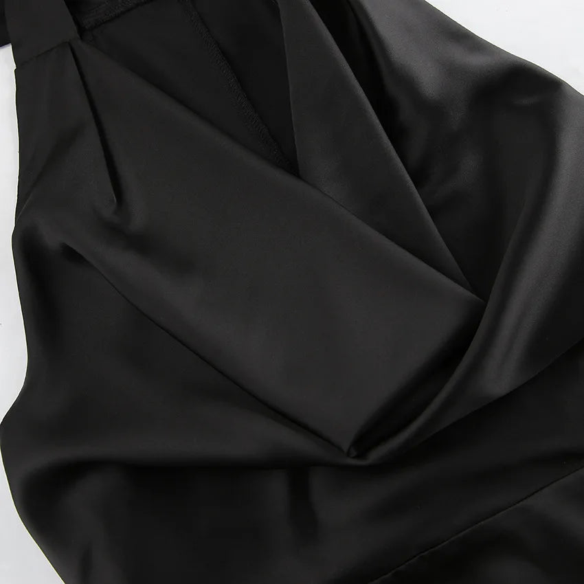 LIZAKOSHT  -  Black Satin Slit Neck Sleeveless Dress Matte Soft Bodycon Long Dress, Off Shoulder Zipper Tie Belt Elegant Party Gown