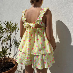 LIZAKOSHT  -  Spring Print Two Piece Set Women Sexy Square Collar Backless Tie-up Top+Short Outfit Summer Sleeveless Hollow Holiday Beach Suit