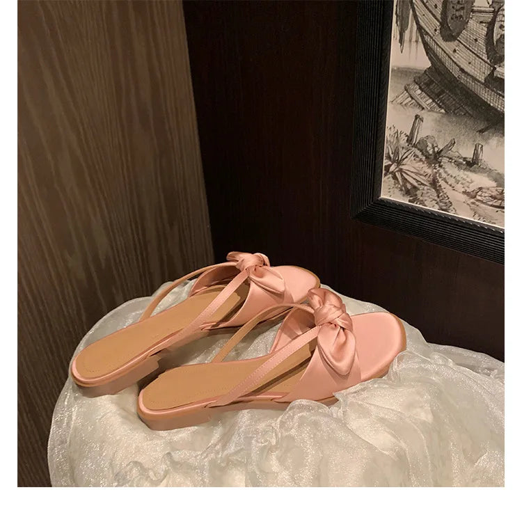 LIZAKOSHT  -  Luxury Silk Slippers Women Butterflyknot Slides Shoes Summer Ladies Low Heels Flat Sandals Femmes Evening Party Flip Flops