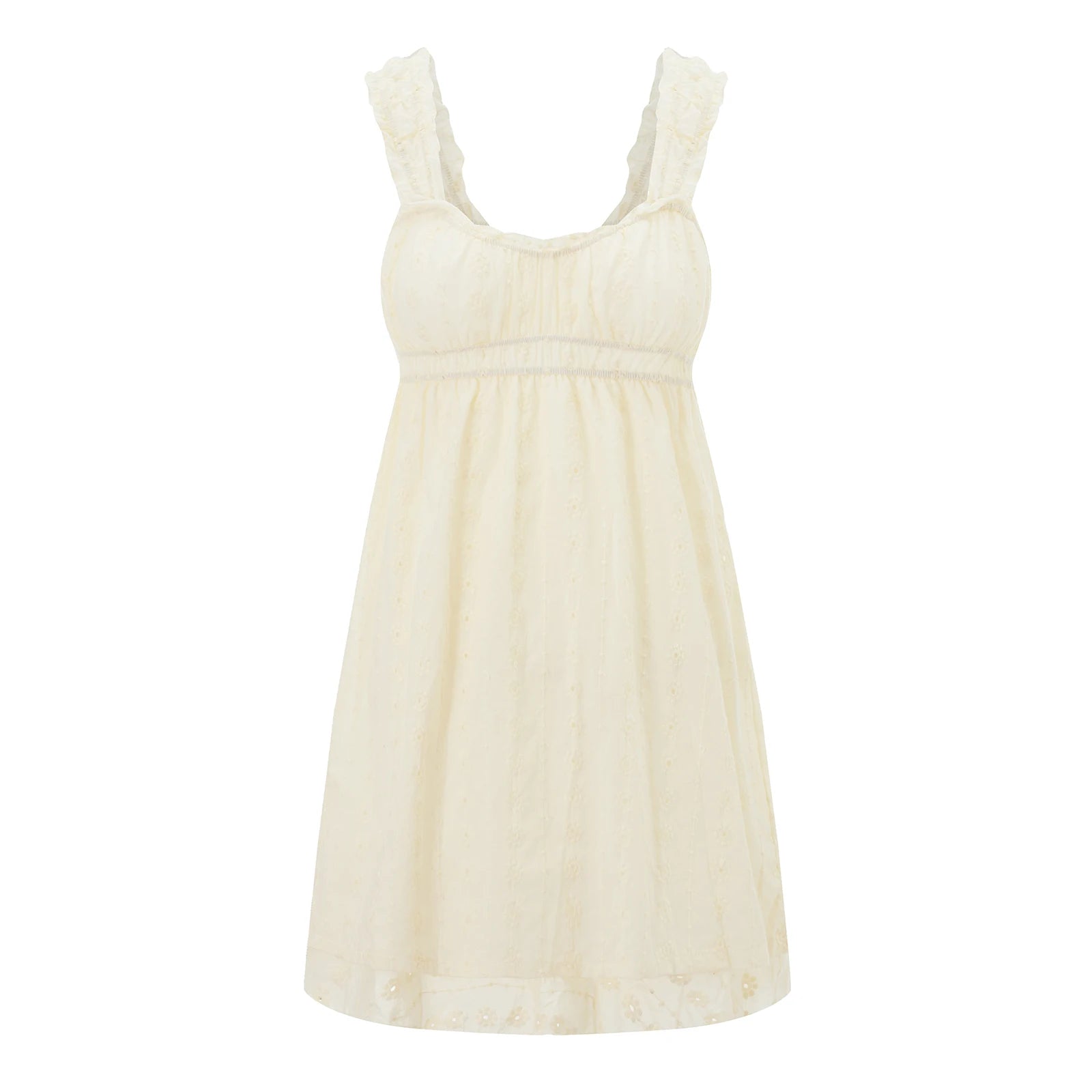 LIZAKOSHT  -  Ruffles Hem Babydoll A-line Dress Vintage Eyelet Mini Dress Women Sleeveless Square Neck Ruched Bust Flowy Dress