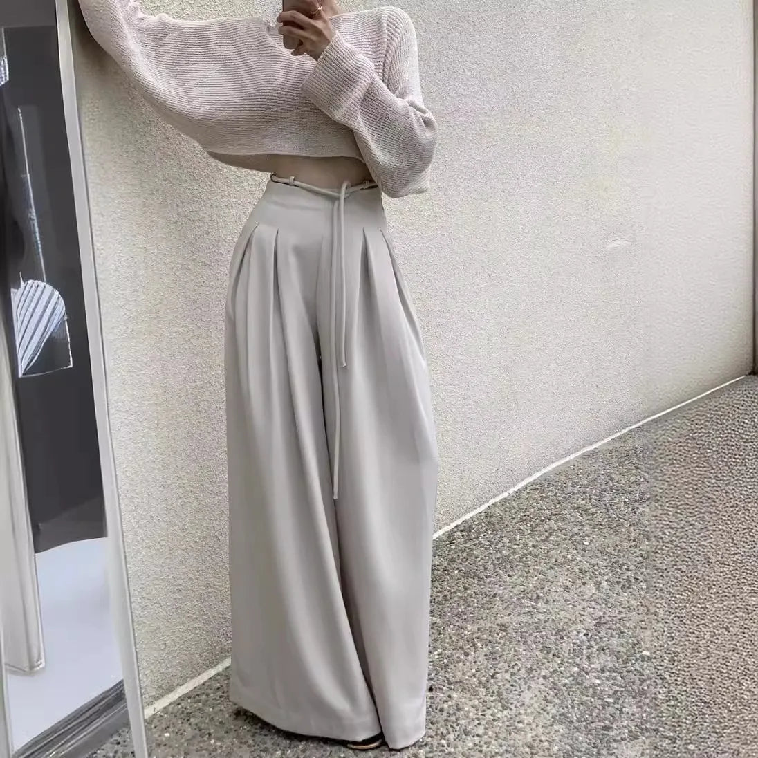 LIZAKOSHT  -  Early New Product Retro Temperament Drawstring Design Sense High Waist Hanging Sense Casual Mopping Pants Wide Leg Pants