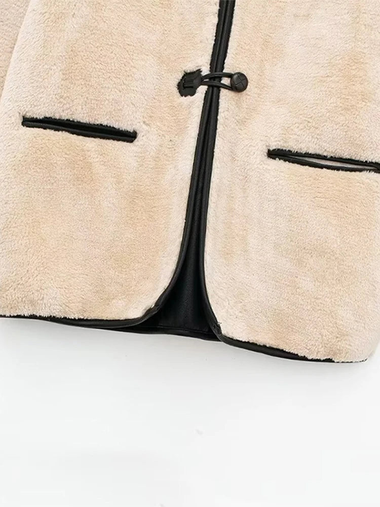 LIZAKOSHT  -  Mid Length Leather Fur One-Piece Jacket Coat Knot Buckle Lamb Faux Fur Overcoat Round Neck Women Classic Two Wear Outwear Top