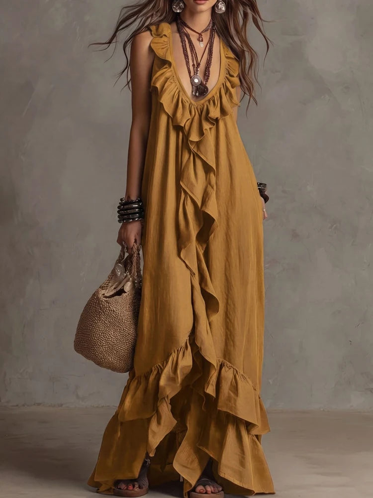 LIZAKOSHT  -  Lady Fashion Ruffle Trim Vacation Long Dress Bohemian Style Loose Summer Dress  Elegant Deep V Neck Sleeveless Solid Party Dress