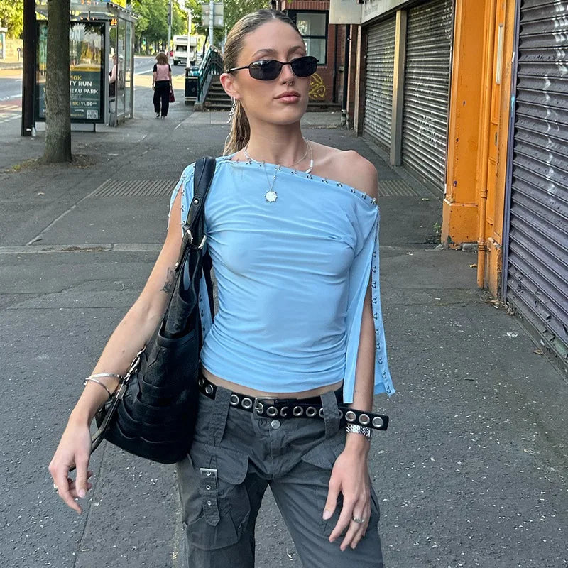 LIZAKOSHT  -  Women's Chic Diagonal Collar T-shirts Sexy Off Shoulder Half Sleeve Asymmetrical Crop Tops Ladies Blue T Shirt Streetwear