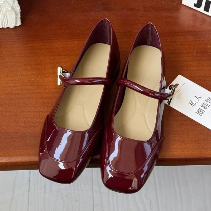 LIZAKOSHT  -  Patent Leather Mary Jane Shoes for Women New Fashion Mid Heel Dress Shoes Women Soft Sole Comfy Red Ballet Shoes Zapatos Mujer