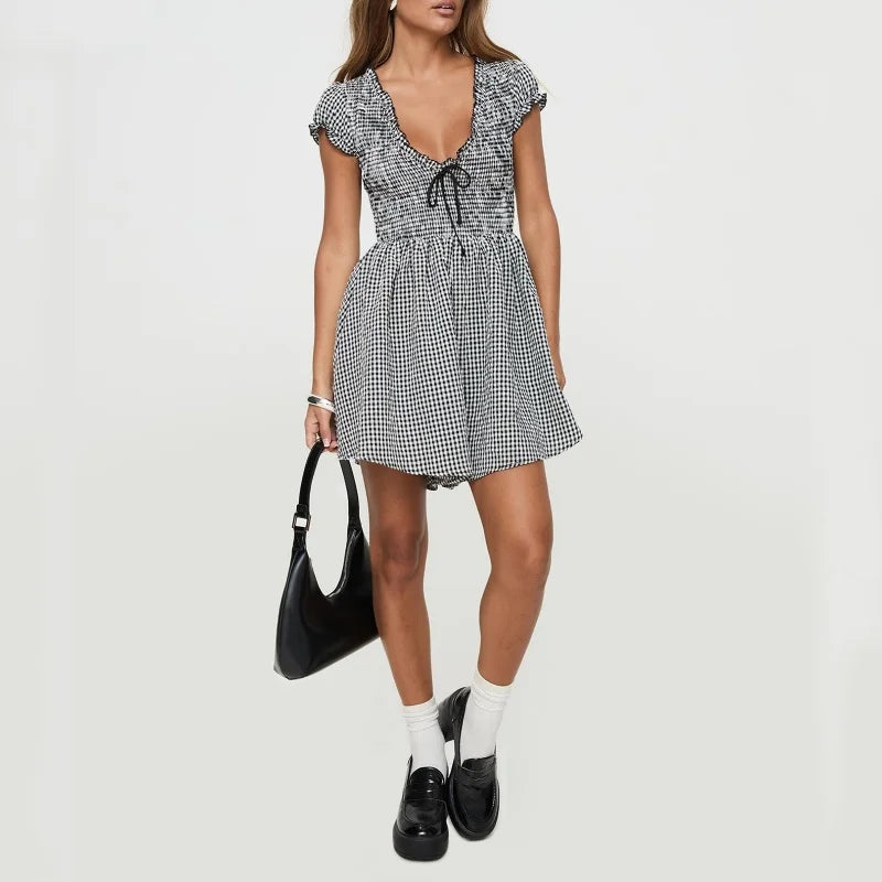 LIZAKOSHT  -  Summer Playsuit Women y2k Clothes Plaid Print Deep V Neck Short Sleeve High Waist Short Jumpsuit 2000s Streetwear