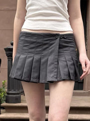 LIZAKOSHT  -  Dark Grey Simple Mini Pleated Skirts Women New One Buttons A-line Short Faldas Summer Vintage Preppy Style Solid Sweet Skirt Y2k